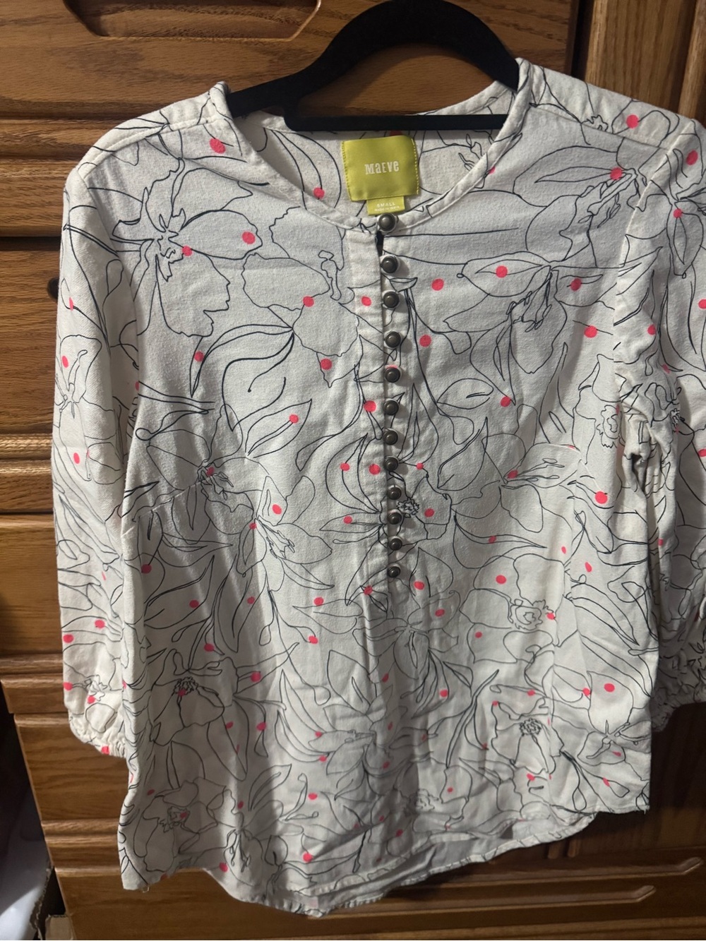 Anthropologie Maeve White Floral-Print Button Front Blouse with Pink size small